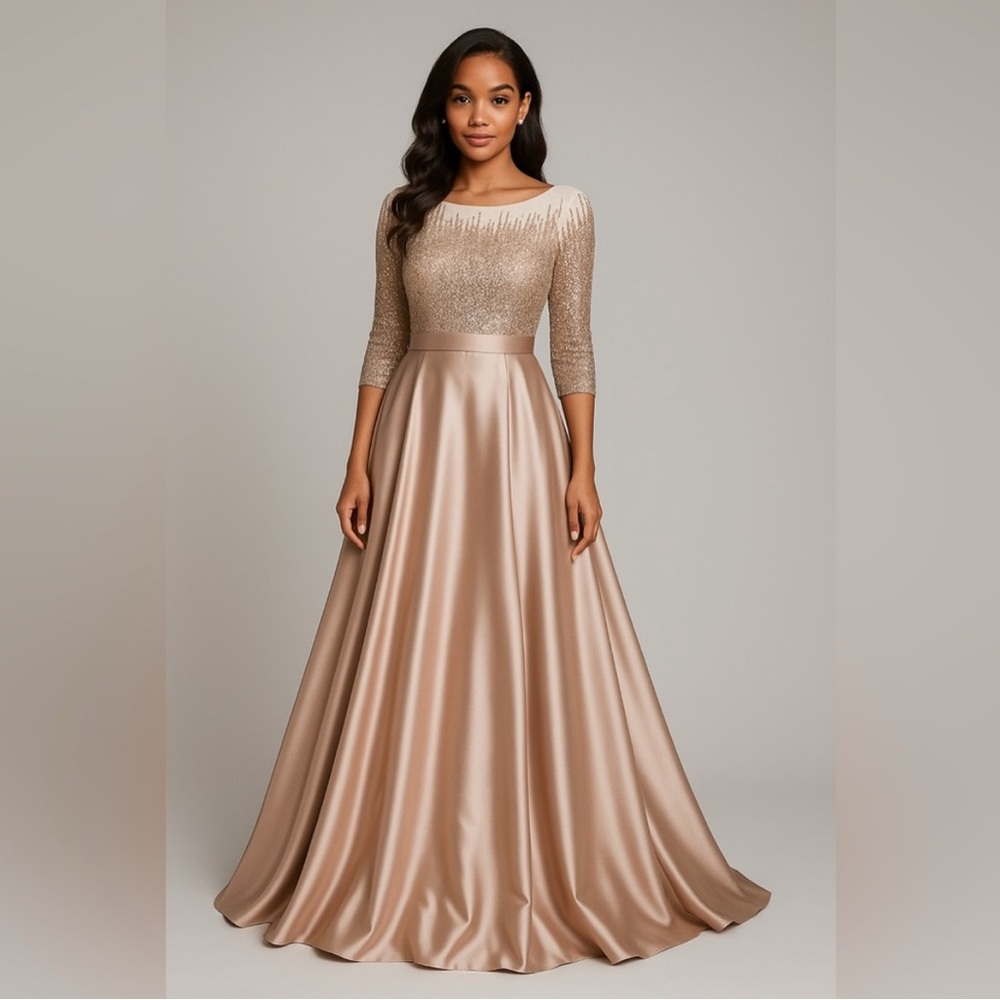 Betsy & Adam Champagne Satin Embellished Gown Size 10 NWT Formal GALA MOB/MOG